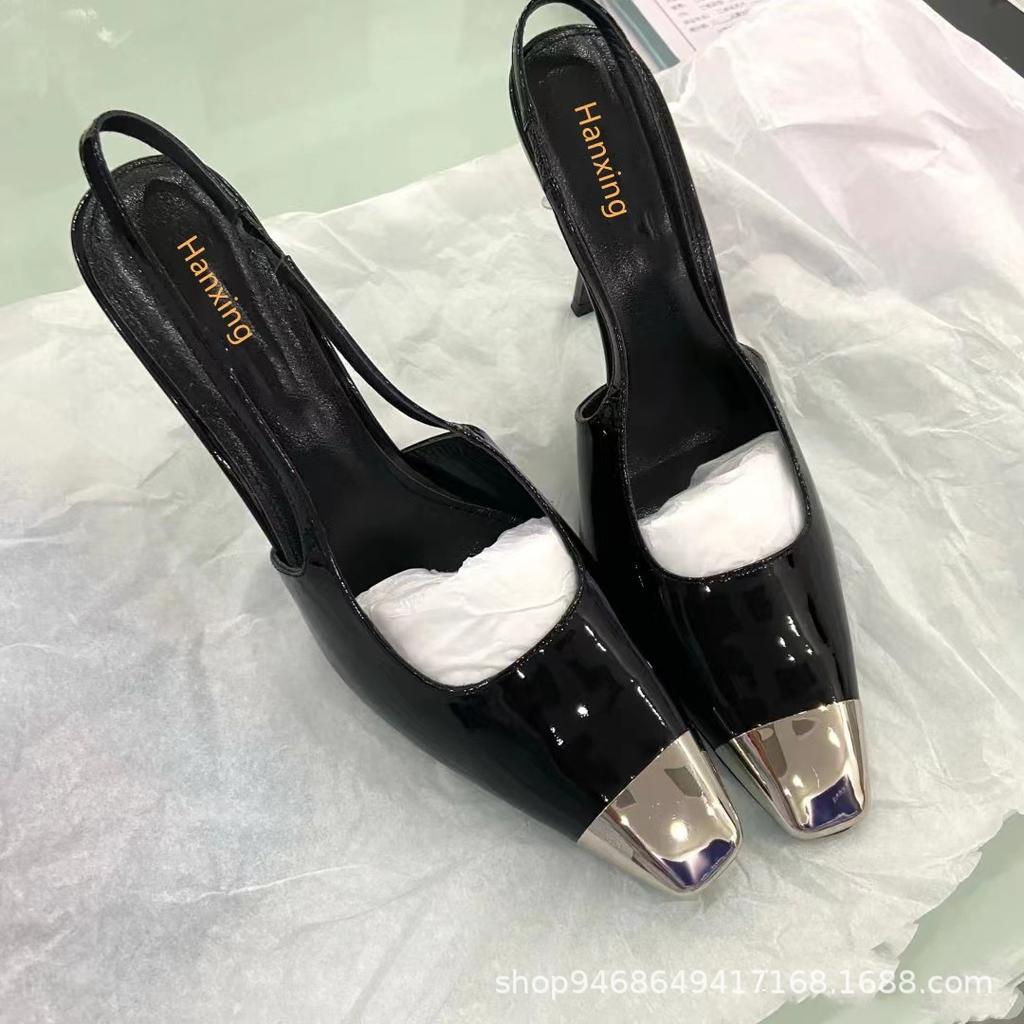 Black High Heels Women's 2024 Spring and Autumn New Patent Leather Thin Heel Metal Square Head Fashion Single Shoes Women's Shoes