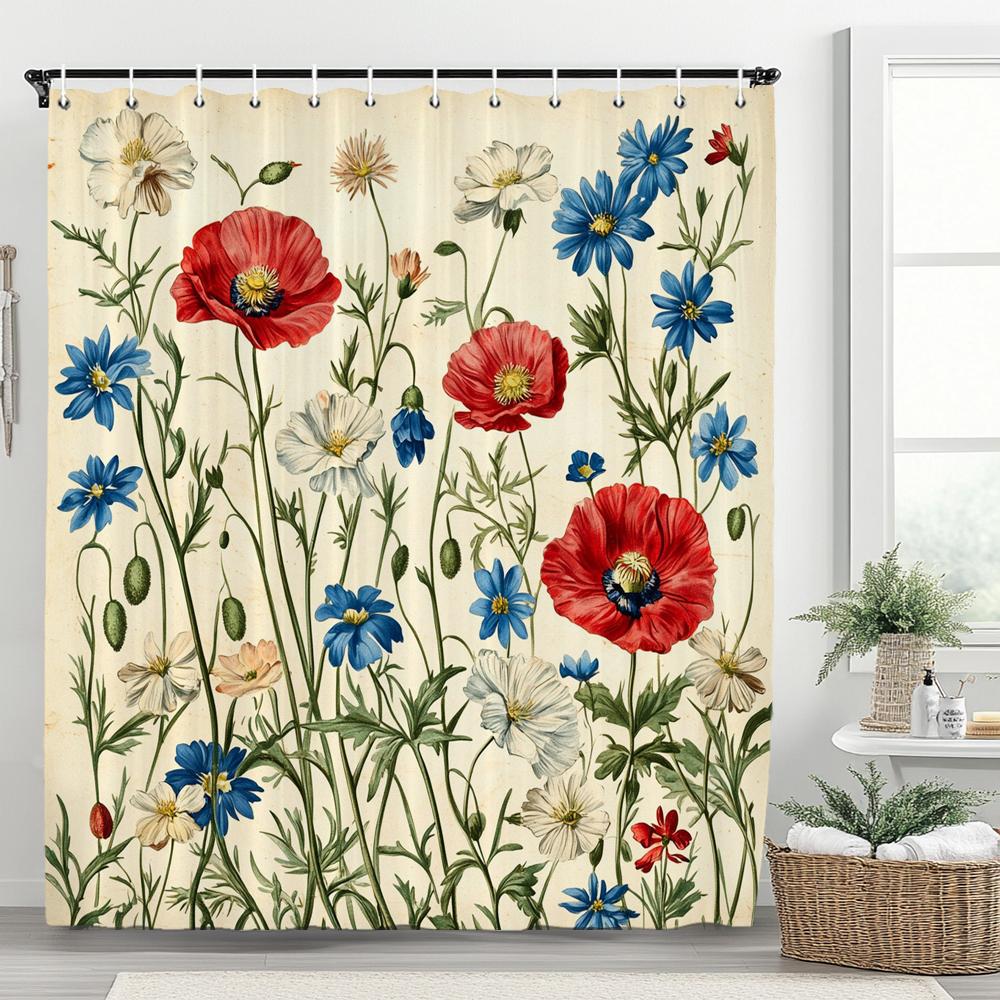 Vintage Botanischer Druck Blumiger Duschvorhang, Badezimmer Dekorativer Blumen Duschvorhang, Wasserdichter Duschvorhang Mit Haken