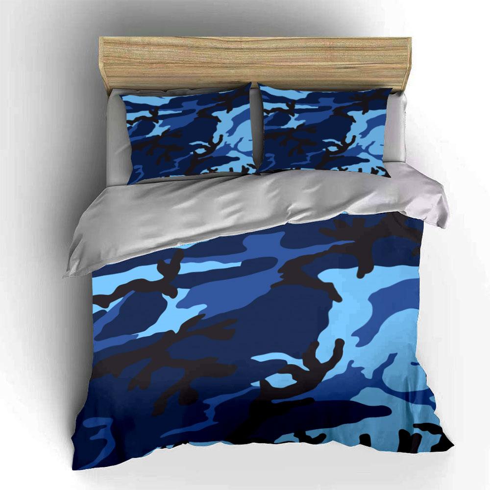 Blue Camouflage Three-Piece Set Bedding Set with 1 Duvet Cover 2 Pillowcases Single Double King Queen, Gift