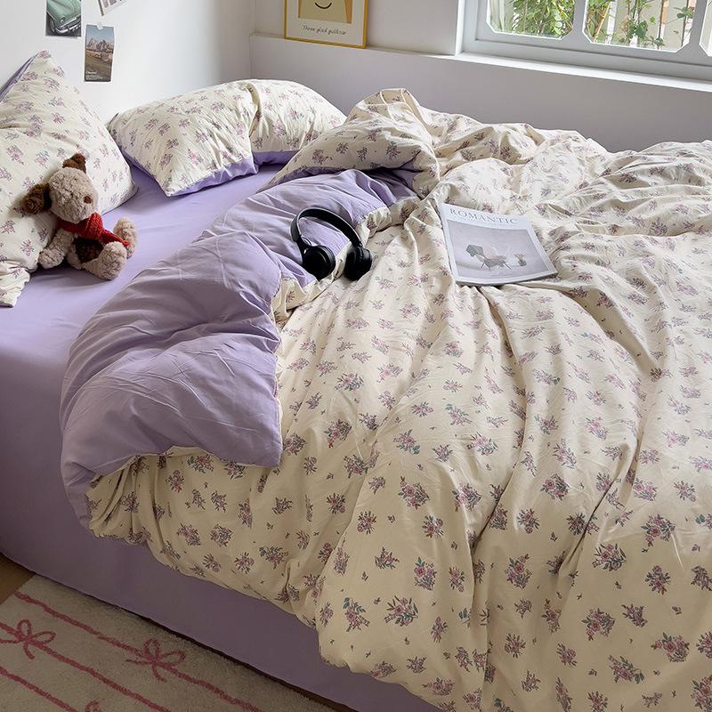 Class A Mother and Baby Grade Naked Sleeping Four-piece Set Fresh Washed Cotton Sheets Quilt Cover Bed Sheet Type Pure Cotton Three-piece Set