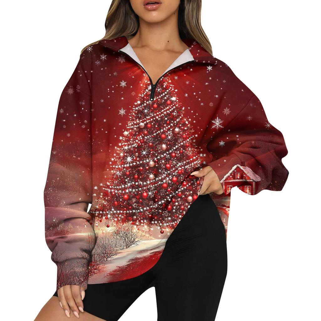 Women's Casual Fashion Long Sleeve Print Oversize Zip Sweatshirt Top