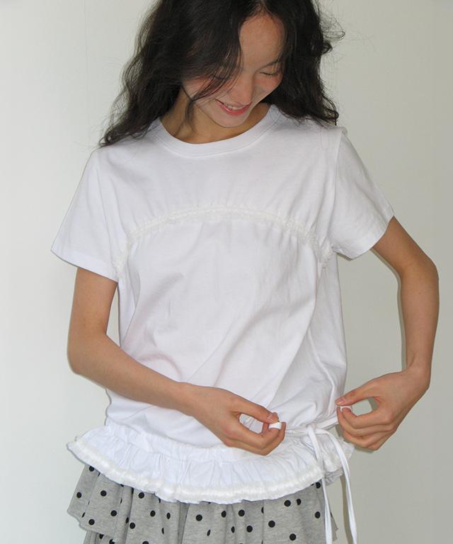 RONRON Frill Shirring Short Sleeve T Shirt White