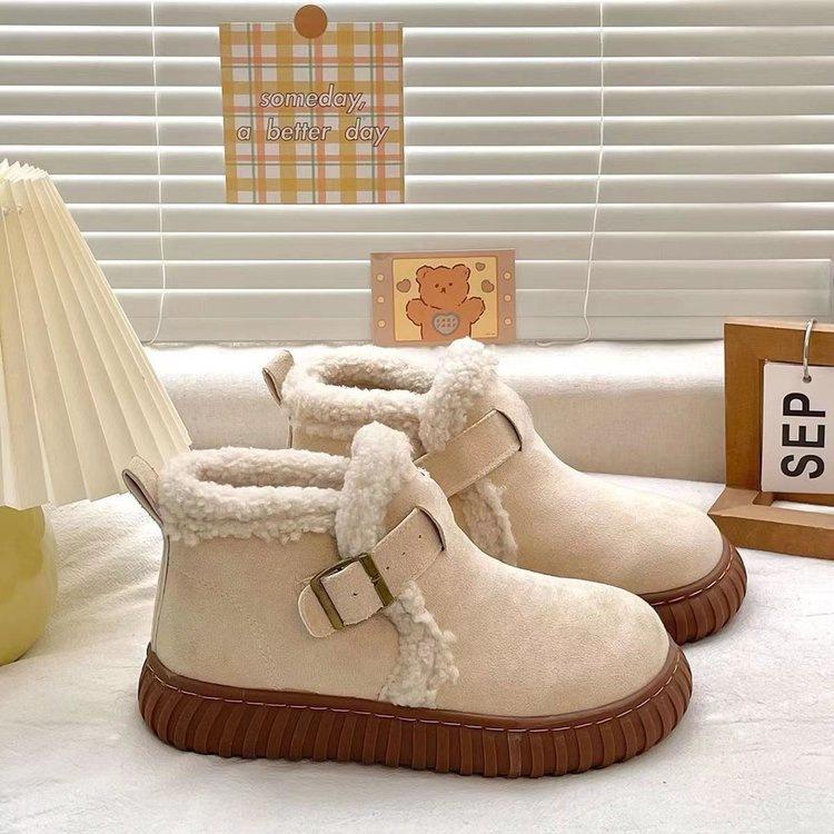 Versatile Warm Snow Boots Children's 2025 New Winter Piled Thickened Non-slip One-word Button Fluffy Cotton Shoes Women