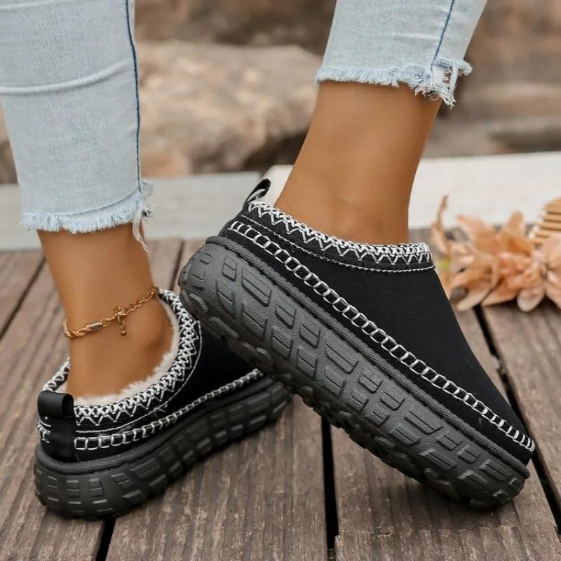 Mode Hausschuhe für Damen Ethnisch Herbst und Winter Erhöht Verdickt Fuzz Wolle Baumwollschuhe Baotou Plateau Erhöht Schneestiefel