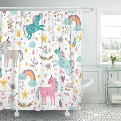 Cartoon Kid Shower Curtain Cute Unicorn Five-Pointed Star Flower Leaves Fabric Bathroom Curtain Set Bath Accessories Set Hooks