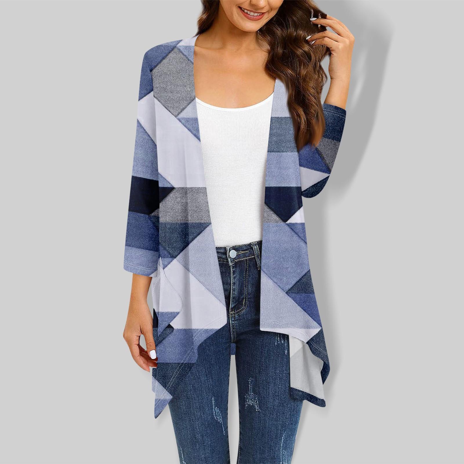 

Женский кардиган с рукавом 3/4 и принтом, вязаный легкий кардиган с открытой передней частью и карманами XXXL синий