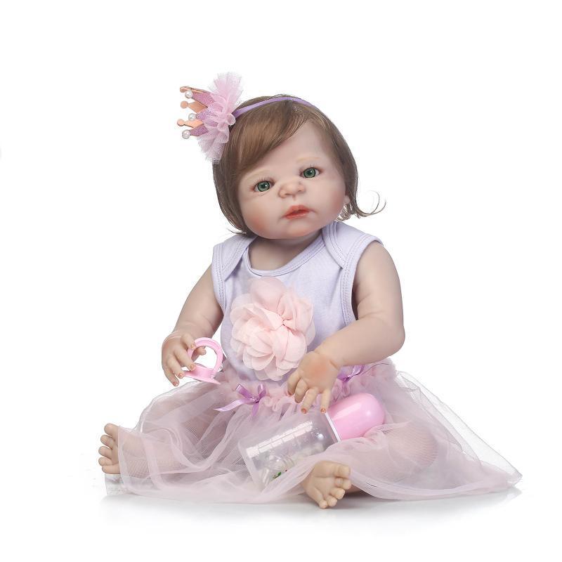 Realistic Silicone Baby Doll - Waterproof Bath Doll with 0-3M Baby Clothes for Role-Playing 56cm, Green Eyes