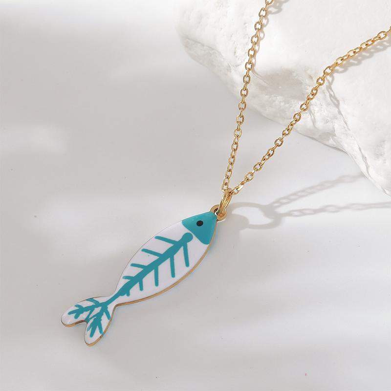 Cute Colorful Enamel Fish Pendant Necklaces For Women Girls Lovely Stainless Steel Gold Color Summer Waterproof Beach Jewelry