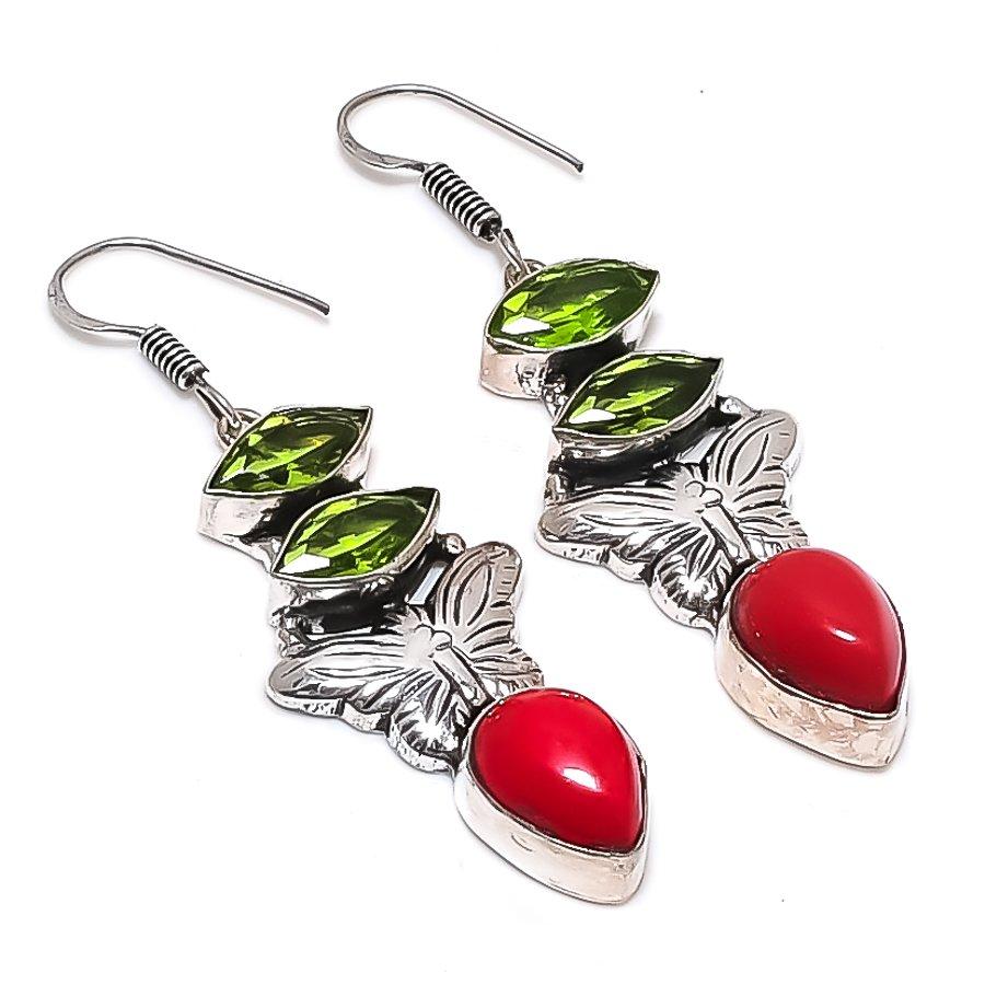 

Natural Italian Red Coral, Peridot 925 Sterling Silver Earring 2.36 u8q08