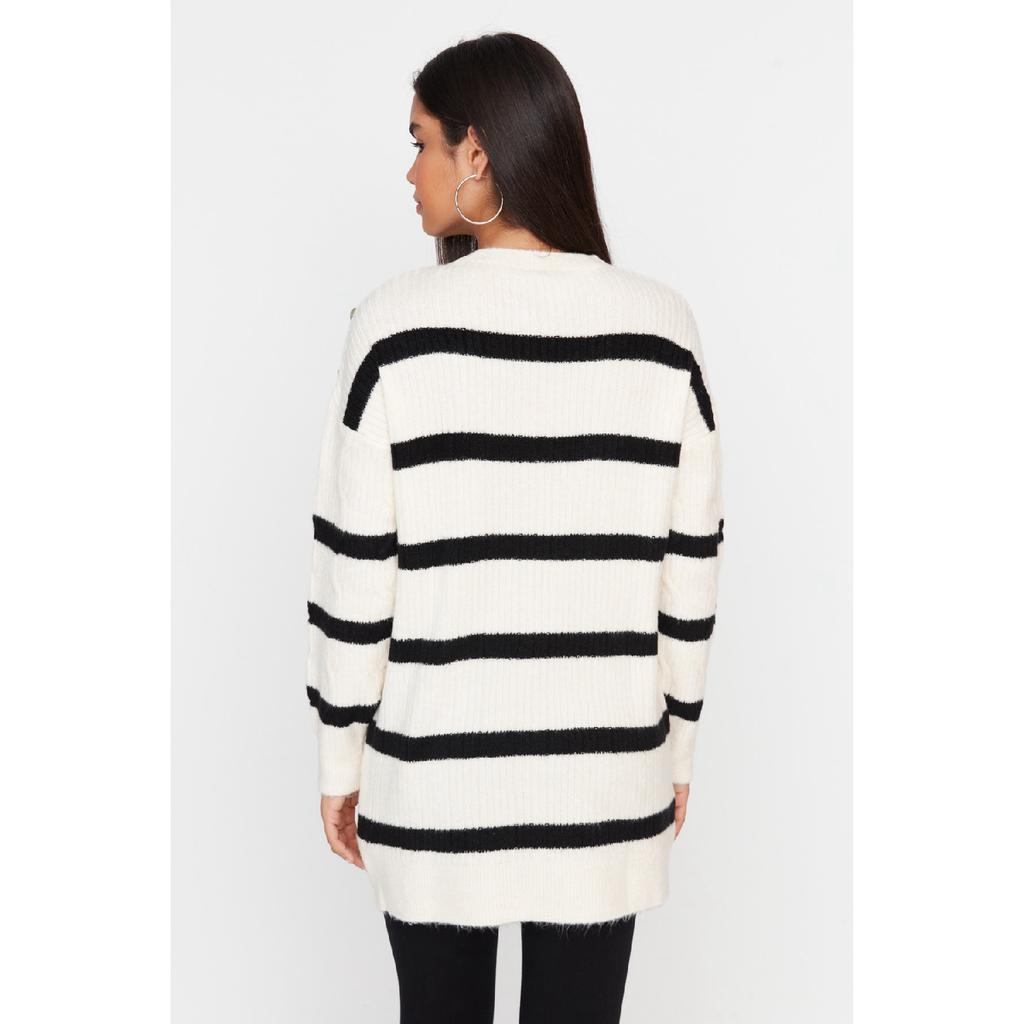 Ecru gestreifter Strickpullover mit Knöpfen Tctaw23ak00063