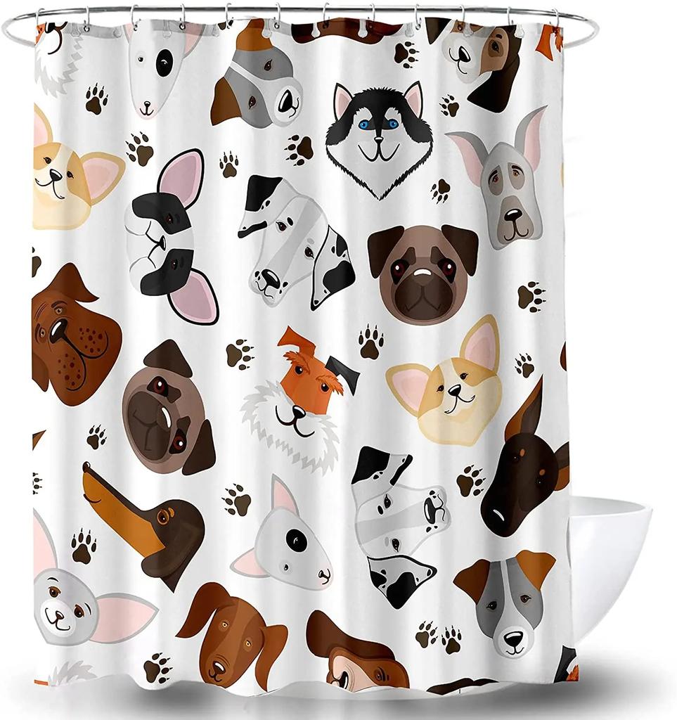 Funny Dog Shower Curtains Cute Cartoon Animal Paw Print Bones Children Bathroom Decor Polyester Fabric with Hooks Bathtub Screen