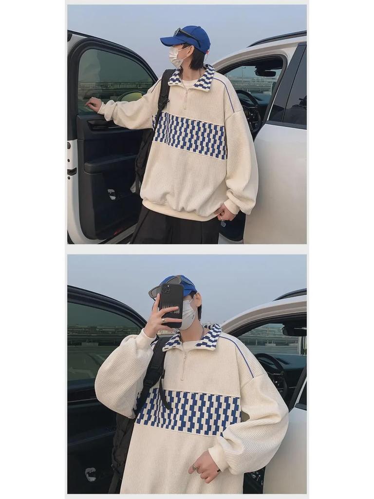 Retro Color Block Waffle Sweatshirt: Men's Half-Zip Polo Jacket for Spring and Autumn.