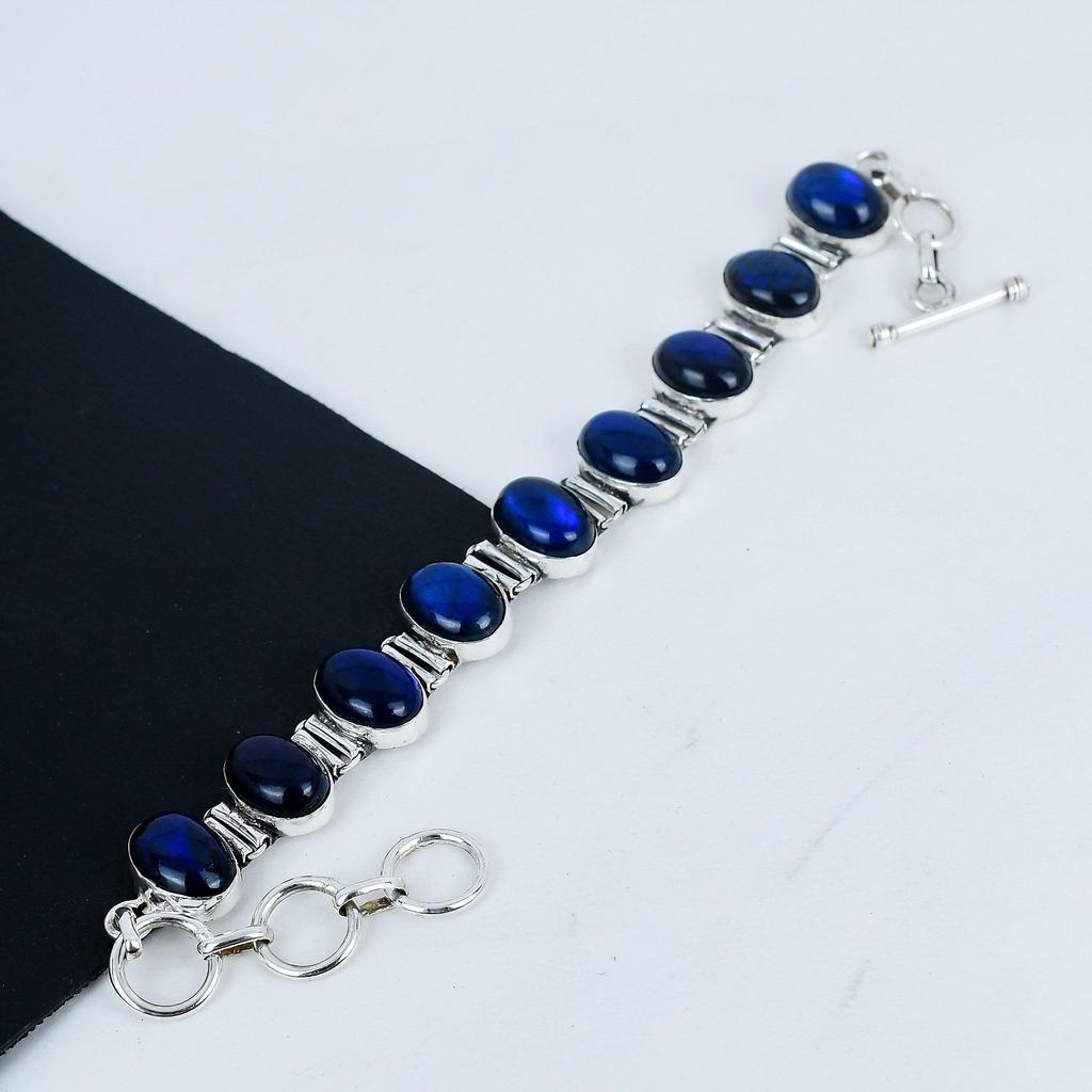 Natural Blue Flash Labradorite Gemstone Handmade 925 Sterling Silver Bracelet, Blue Flash Labradorite Bracelet For Wife , Unisex Bracelet Wadding Gift