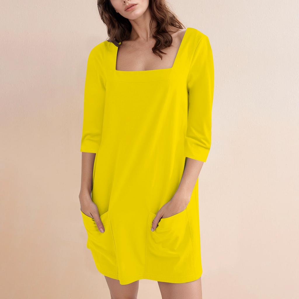 Women's Fashion Casual Solid Color Square Neck 3/4 Sleeve Short Dress