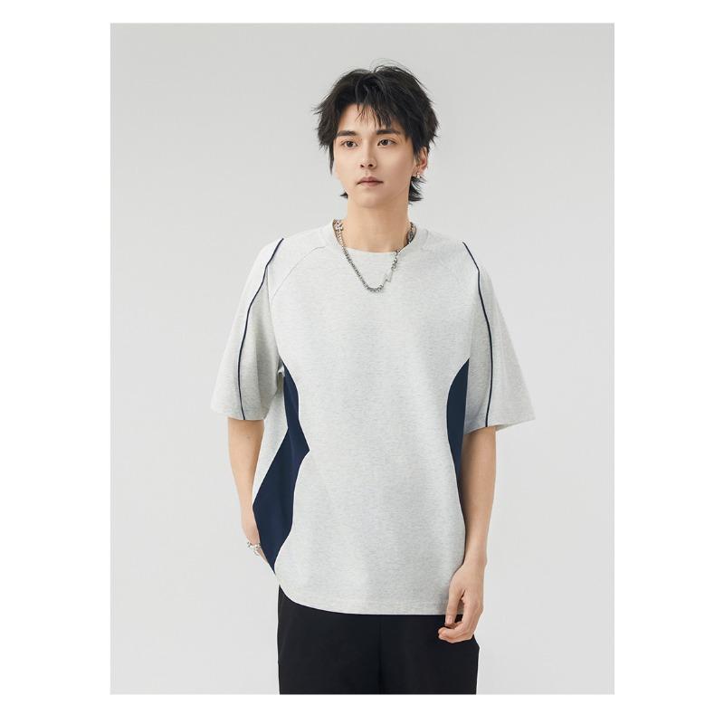 Herren Lockeres Patchwork Kurzarm T-Shirt mit Kontrastfarben Vin