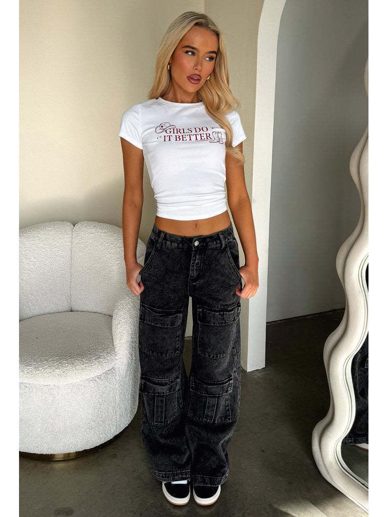 

Европейские и американские ретро джинсы прямого кроя с широкими карманами, рабочая одежда Extra Large чёрный