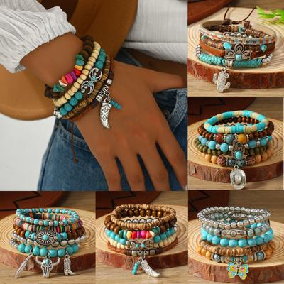 Bohemian Turquoise Beaded Bracelet Set Middle Eastern Prayer Beads Handmade Adjustable Ethnic Stacking Vacation Bracelets