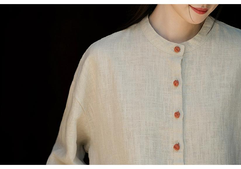 2025 Autumn Cotton Linen Women's Color Block Stand Collar Frog Button Pullover Plus Size Top