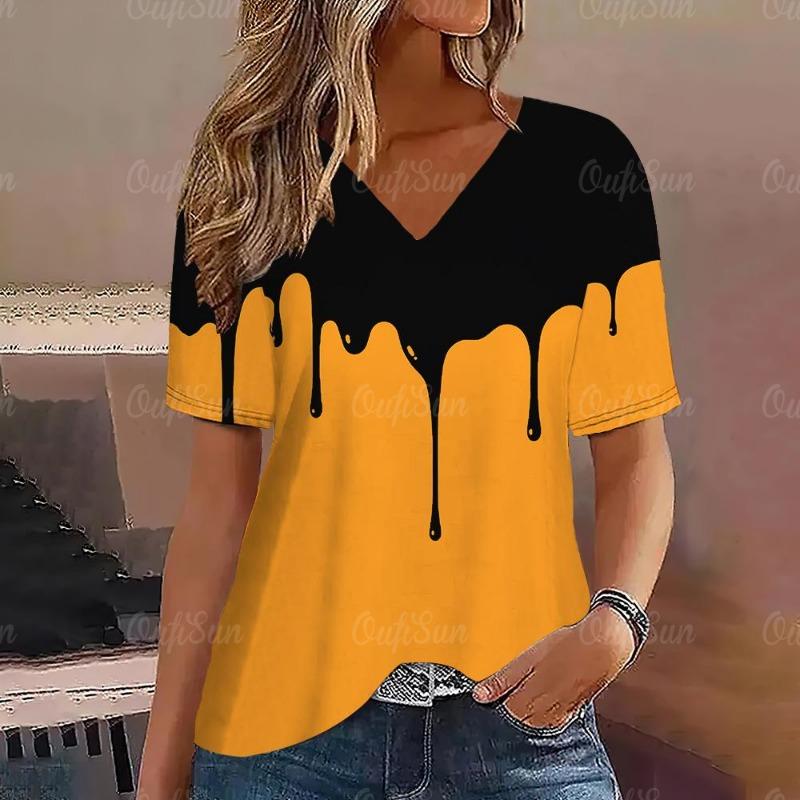 Gradient V Neck Short Sleeve T-Shirt Fashion Women T Shirt Print Basic Tops Streetwear Summer Oversized Clothing Female T-Shirts