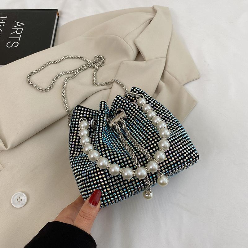 Pearl Handbag, Women's Fashionable Bright Diamond Shoulder Bag, Net Red, Foreign Style Chain, Cross Body Bucket Bag