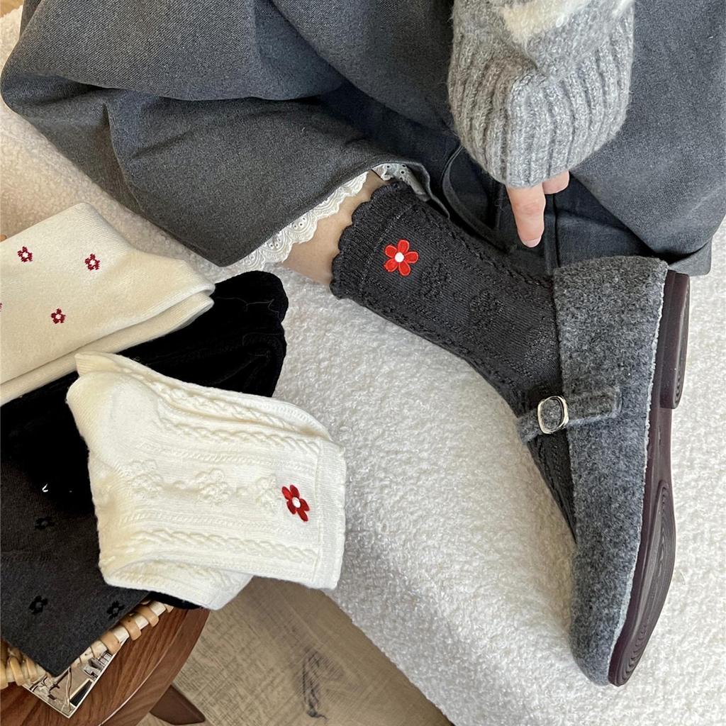 2025 Women's Mid-Calf Socks: Autumn/Winter Style with Little Red Flower Embroidery, Sweet Rabbit Velvet, Thickened for Warmth