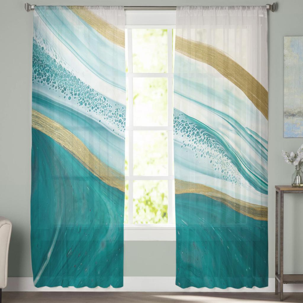 Luxury Tulle Curtains Teal Gradient Marble Pattern Living Room Kitchen Chiffon Curtain Youth Bedroom Sheer Floor Valance Curtain