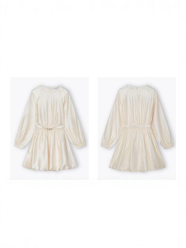 2026 Spring French Drape Puff Sleeve Belted Fluffy Skirt Dress for Women
