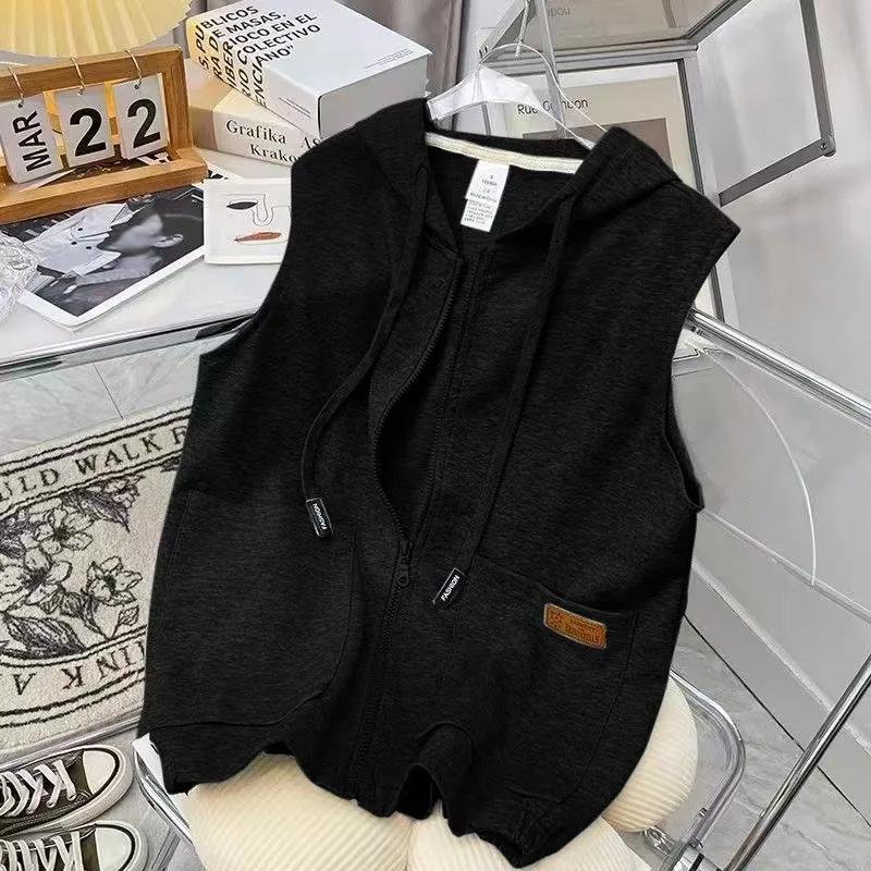 

Женский жилет, куртка, жилет, повседневная тонкая однотонная верхняя одежда, кардиган, безрукавка, жилет с капюшоном, свитер, топ на молнии XS чёрный