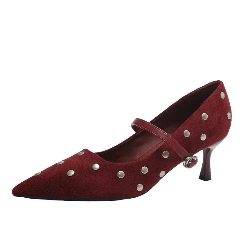 Fashion Rivet Designer High Heels Women Pointed Toe Elegant Office Women Shoes Spring Autumn Fashion Suede Low Heel Mules Pumps Women