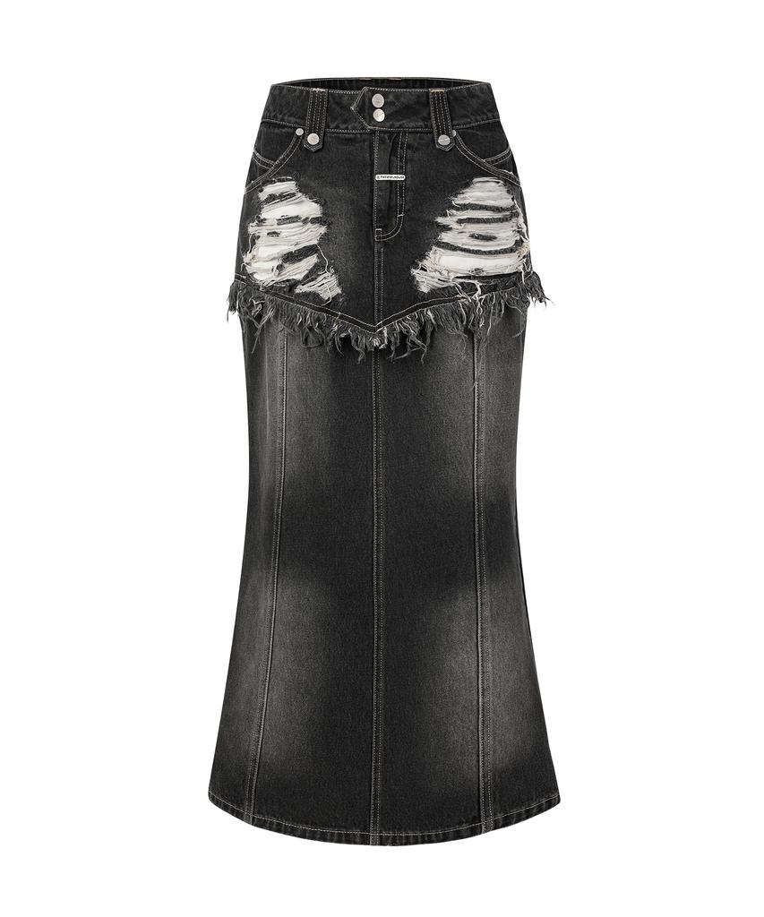 The Vinyl House Destroyed Double Denim Skirt Black