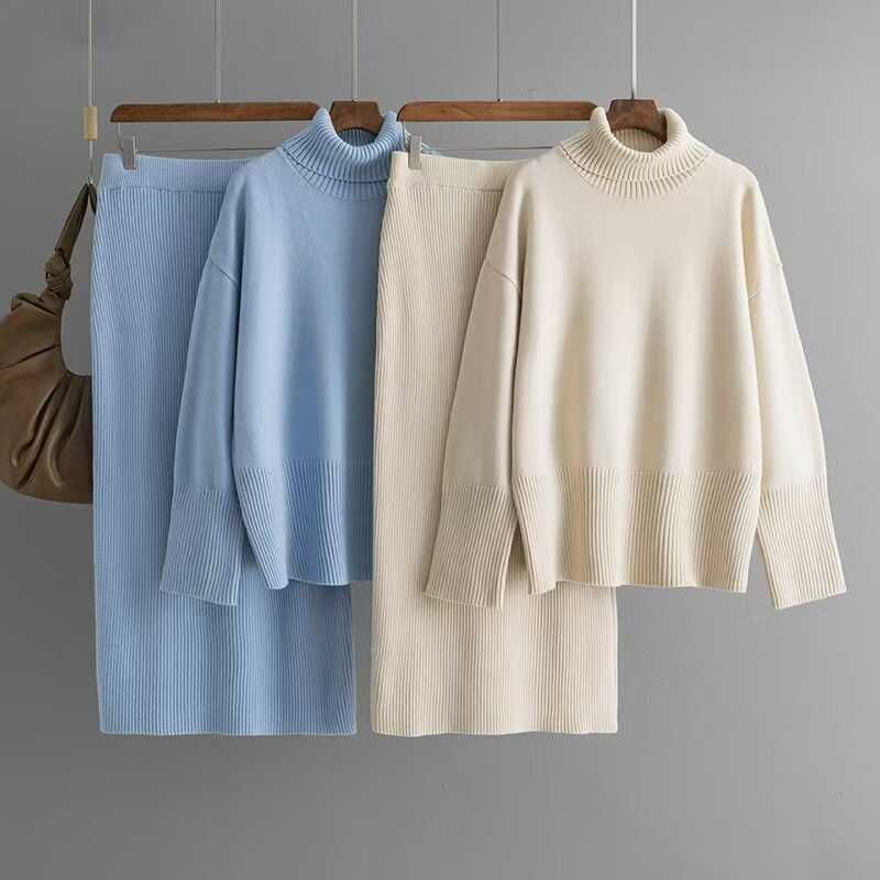 Western Style Knitted Turtleneck sweater Skirt sets High Neck Sweater and Skirt Set