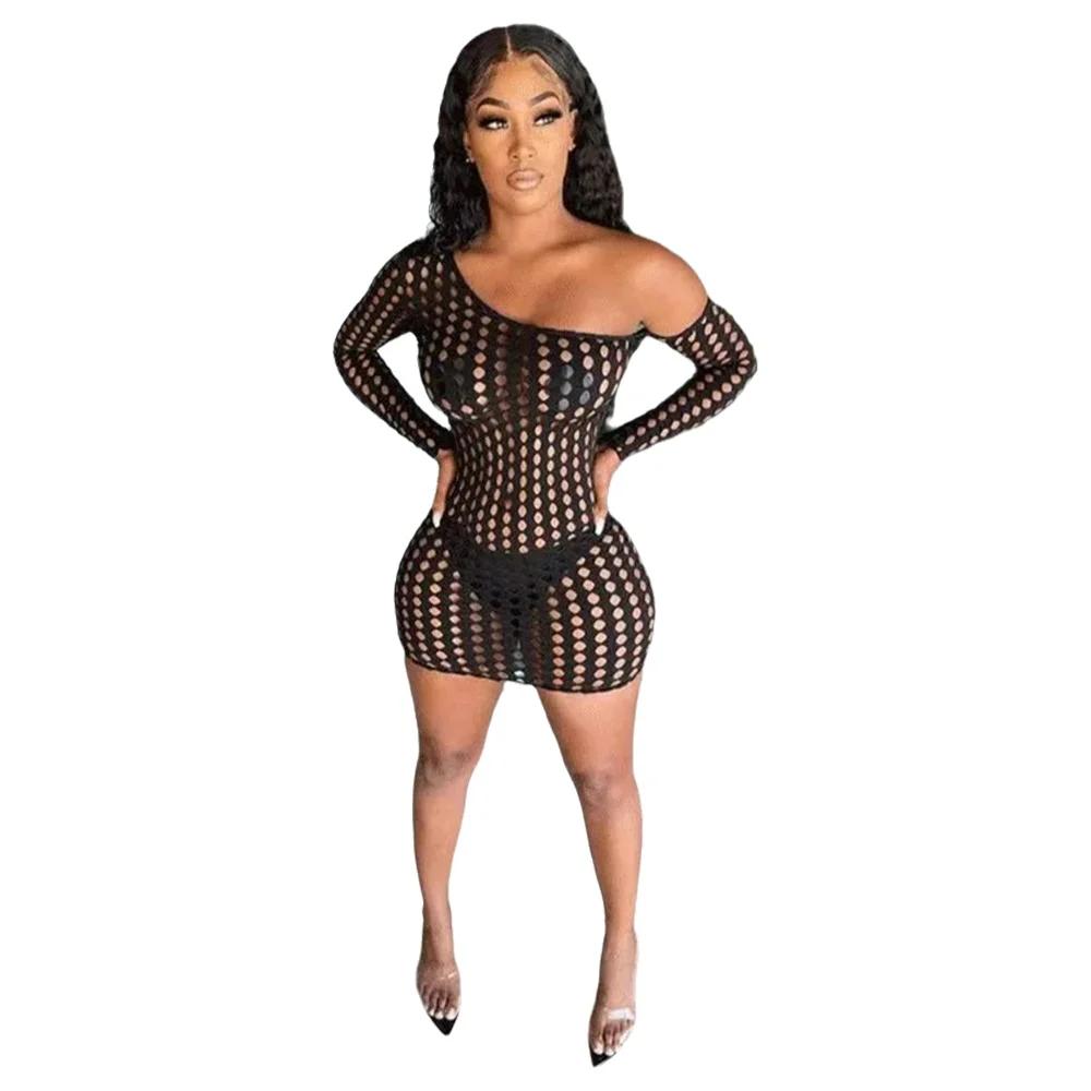 One Shoulder Exposed Dress Hollow Top Skirt Elegant Gowns Sexy Dresses Women'S Mini Dress
