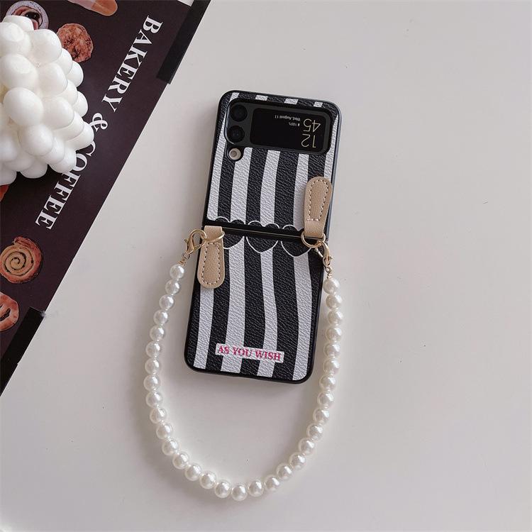 Applicable To Samsung ZFlip3 Folding Screen Mobile Phone Case, Zebra Pattern Pearl Lanyard Zflip4 Portable Wristband Protective Case