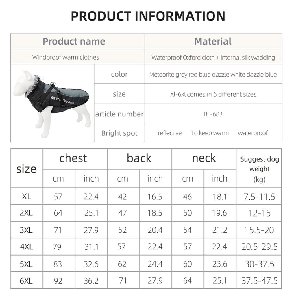 Reflective Dog Vest For Walking At Night Waterproof Dog Coat Winter Dog Clothes Jacket Pet Dog Coat With Harness