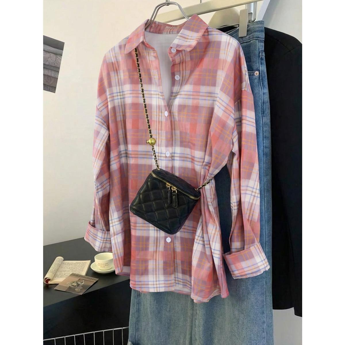 

Women s Elegant Plaid Long Sleeve Pink Shirt Jacket, Perfect for Spring Summer Autumn S розовый