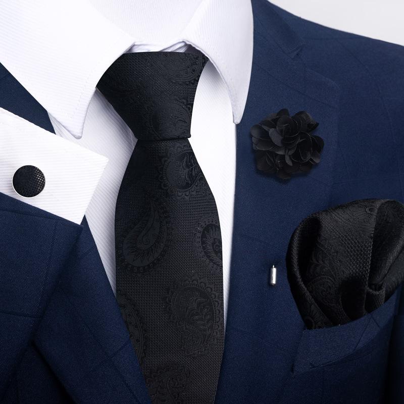 Men 8cm Wide Silk Wed Neck Tie Cufflinks Brooch Pin Handkerchief Business Wedding Party Suits Groom Accessories Gift