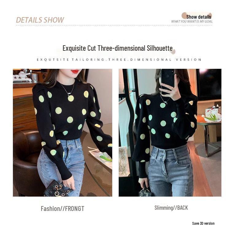 Autumn Polka Dot Puff Sleeve Knit Sweater - Slim, Versatile, Round Neck Style