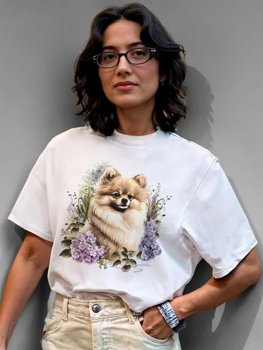 Summer T-shirt with a Spitz dog print (watercolor style) 4XL
