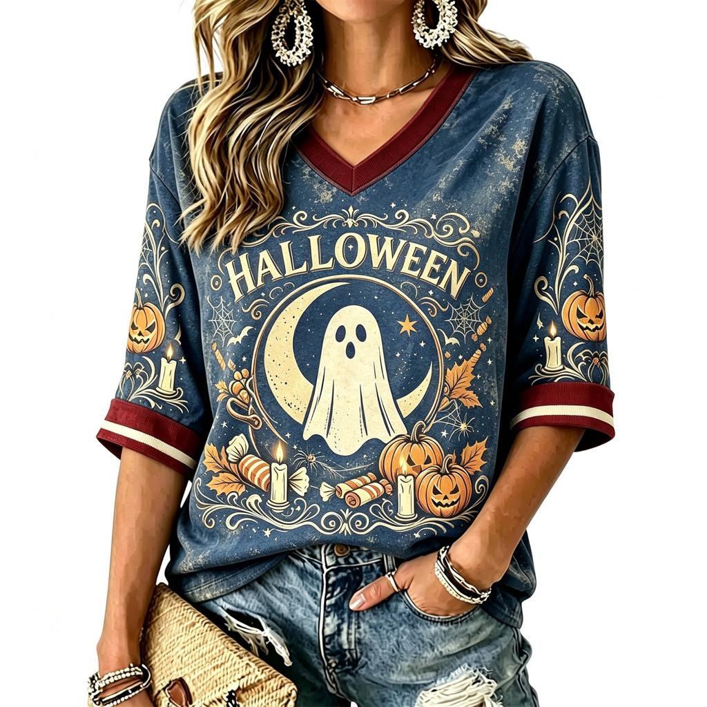 Women's Casual Halloween Print V-Neck T-Shirt for Holiday Party