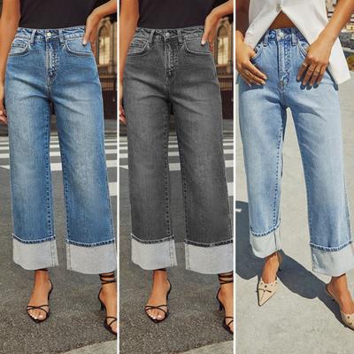 Women Baggy Jeans High Waisted Wide Leg Denim Pants Stretchy Cuffed