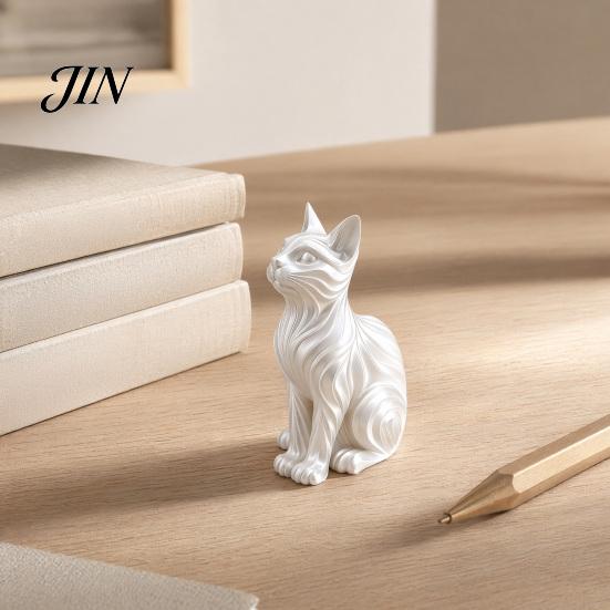 Small Cat Sculpture Gift 3D Printed Statue with Wavy Fur, Modern Sitting Figurine for Display Bookshelf Decor, Minimalist Art Home Office, Lovers