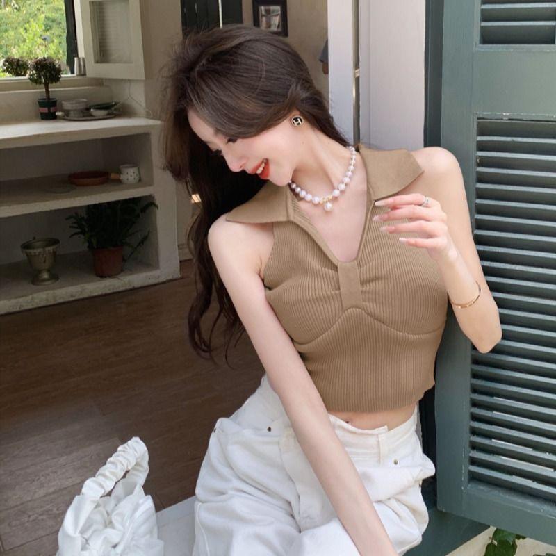 Camisole Tank Top Women's Summer Elegant Polo Collar Short Sleeveless Knitted Hot Girl Backless Top
