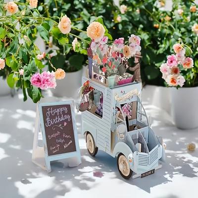 Encantador Cartão de Aniversário Pop-Up 3D - Artesanato de Papel Cortado a Laser com Design de Carro Azul Vintage, Flores Rosa e Vermelhas, Ideal para Amigos e Família