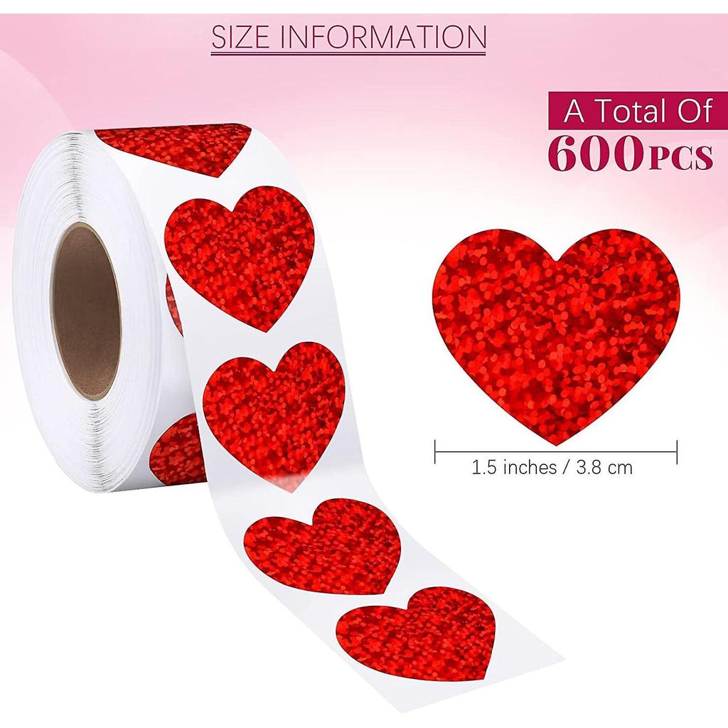500 Pieces Valentine's Heart-Shaped Stickers Roll Glitter Heart Decorations Stickers Self-Adhesive Love Roll Stickers for Valentine, Anniversary, Wedd
