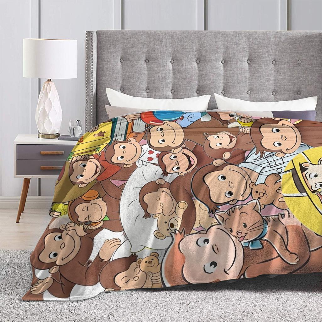 Cartoon Curious George Flannel Blanket  Soft Warm Throw Blanket for Couch Chair Decorative Funny Bedspread Sofa Bed Cover