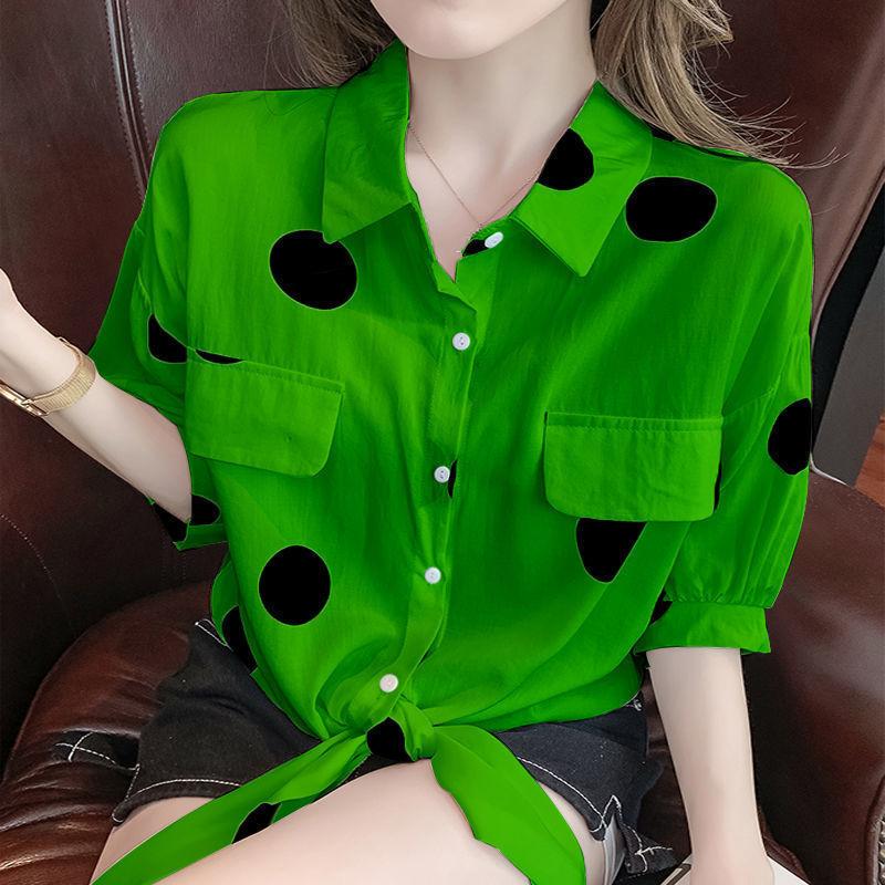 Small Fresh Polka Dot Shirt Women Summer Korean Version Loose Short Sleeved Lace Up Chiffon Shirt Wome