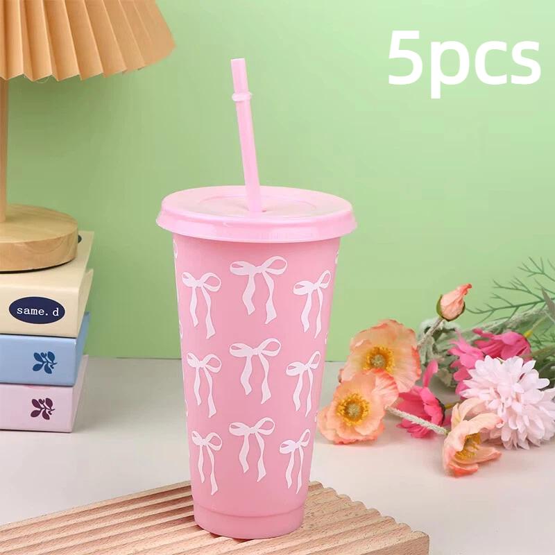 1/3/5 pack Kawaii Bow Reusable Party Cup, Coffee Juice with Straw and Lid, Cute Teacup with Straw Plastic Cup Summer Gift