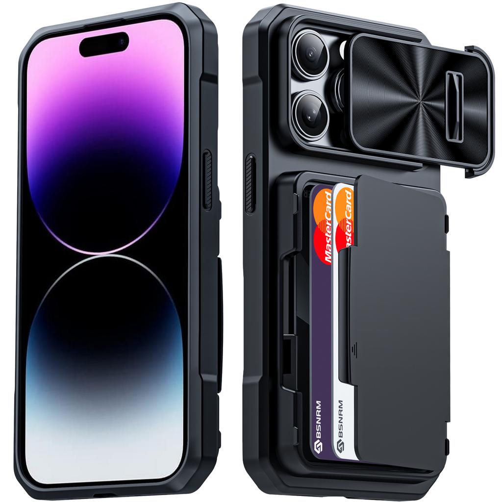 RFID Wallet Case with Card Holder and Sliding Camera Cover for iPhone 14 Pro-Blue