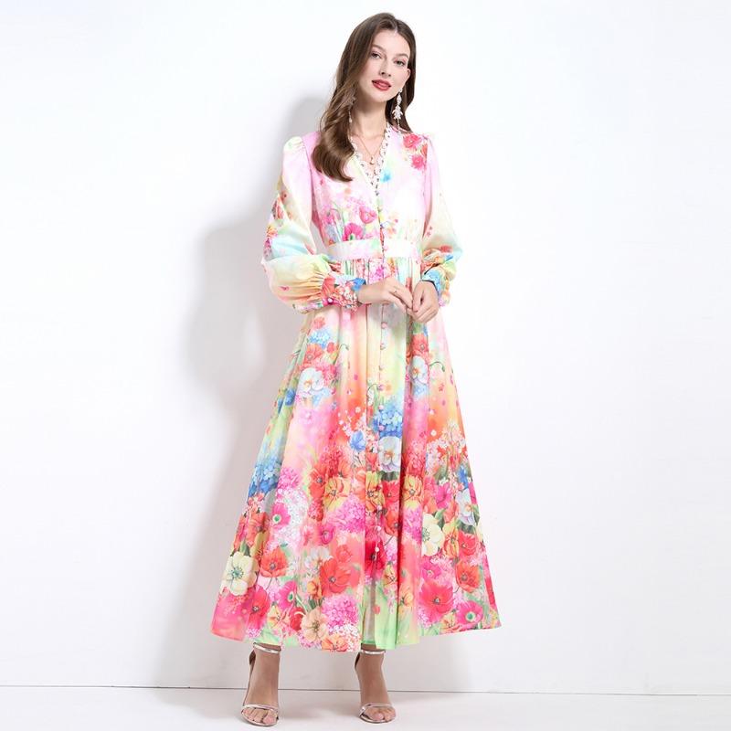Spring Autumn Women V-neck Single Breasted Print Long Maxi Holiday Beach Dresses