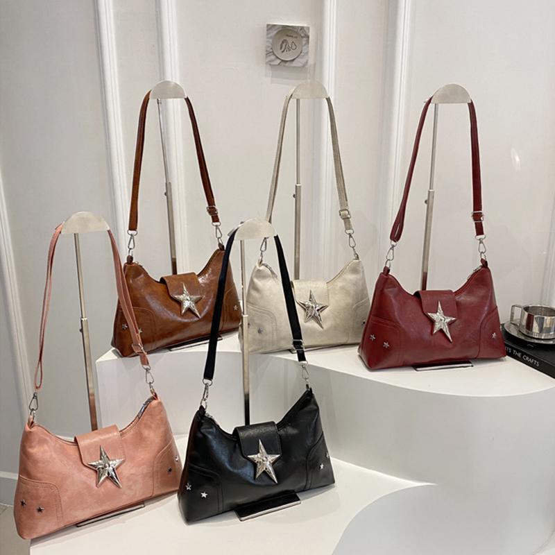 Women PU Star Decor Shoulder Bag Chic Hobo Bag Large Capacity Fashion Crossbody Bag Solid Color Sweet Underarm Bag AVE